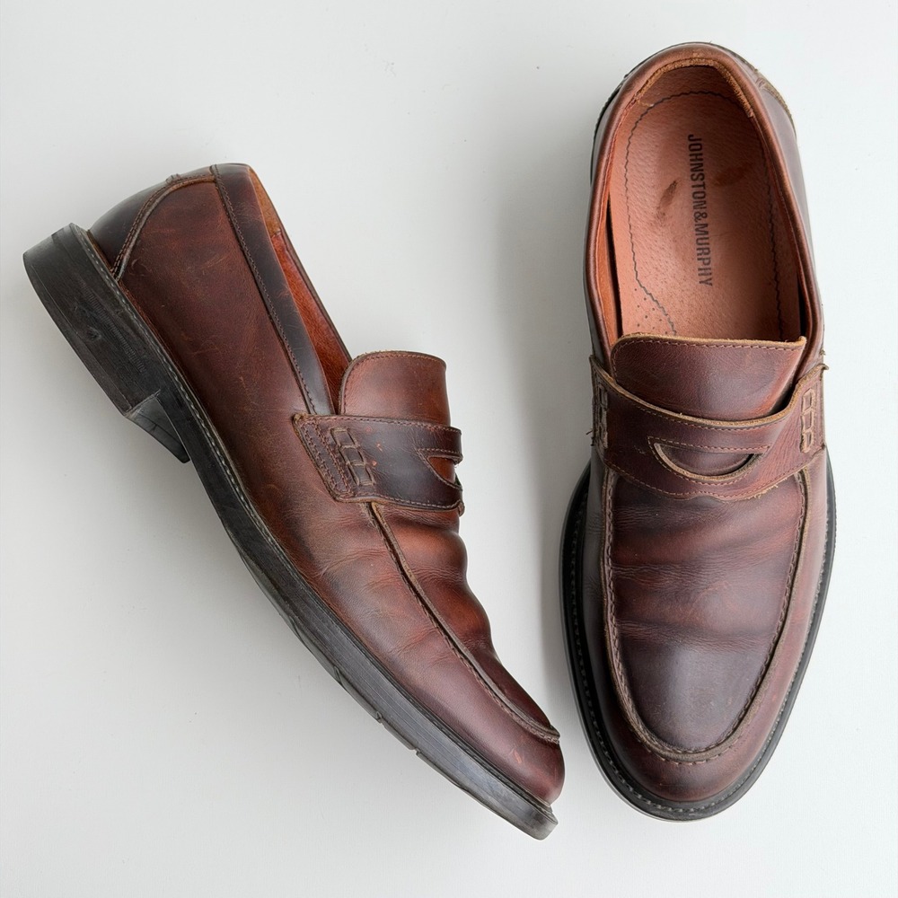 Johnston & Murphy Penny Loafers Mens 10M Brown Leather Dress Shoes Made in Italy